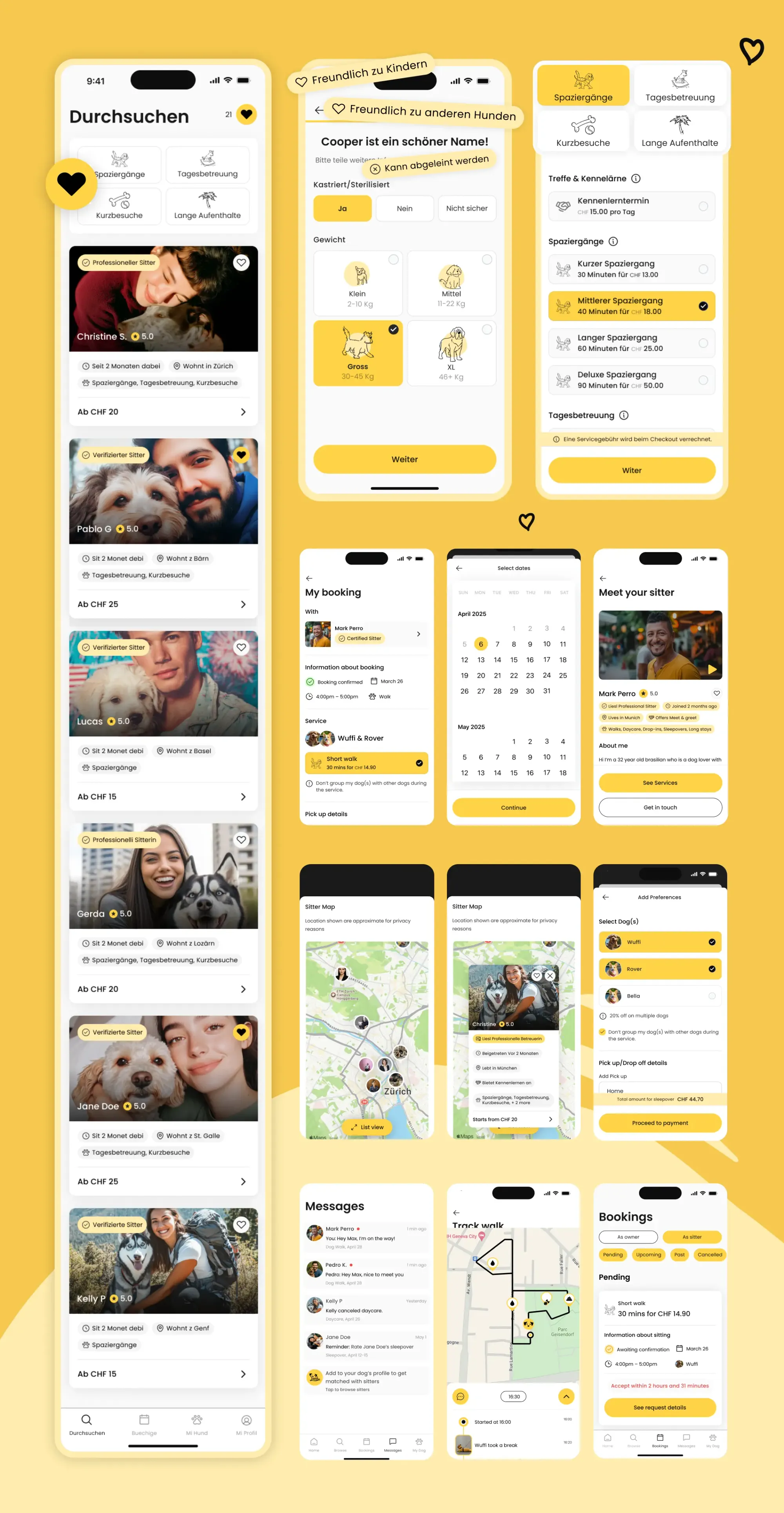 Screens of the Liesl app showing the features of messaging, booking, locations, meeting the sitter, overview of all available sitters on the app