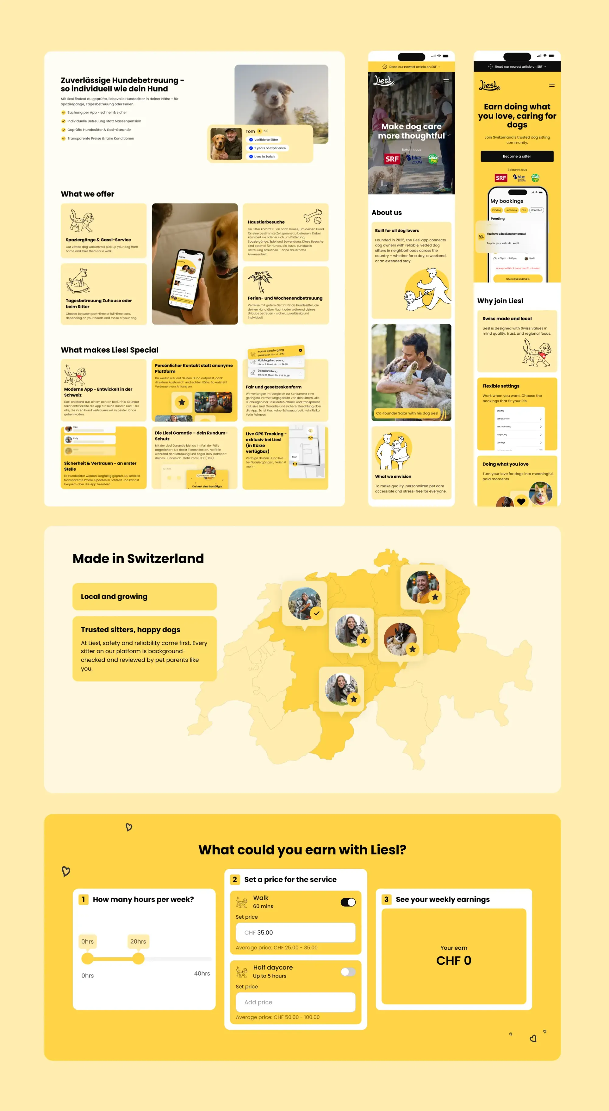 Screens der Website, die Verdienstmöglichkeiten für Sitter, Standorte zur Sitter-Suche sowie Vorteile und Angebote von Liesl zeigen