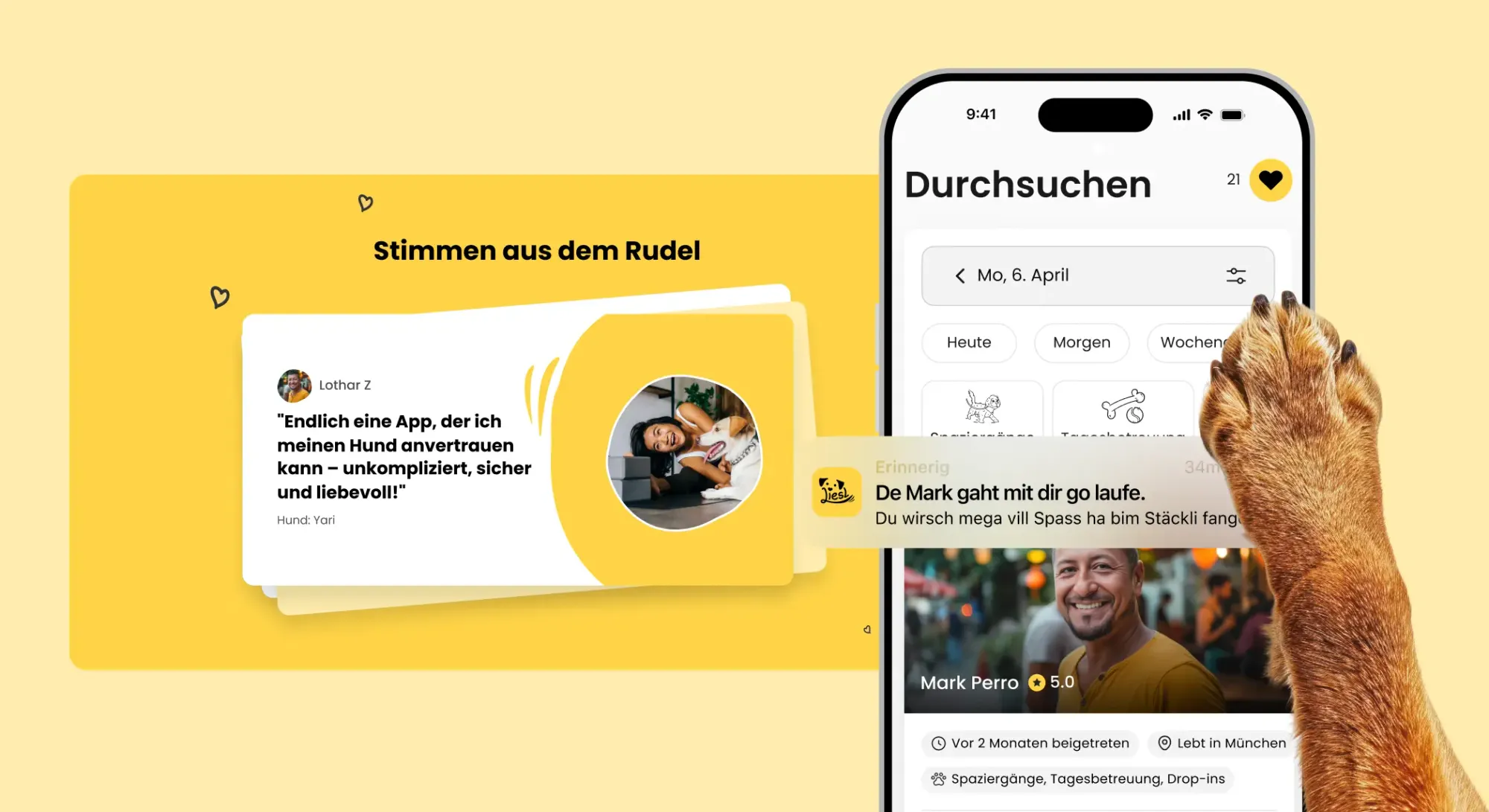 Ein Kundentestimonial, das zeigt, wie glücklich jemand ist, einem Hundesitter vertrauen zu können, daneben der Mobile-Screen mit der App