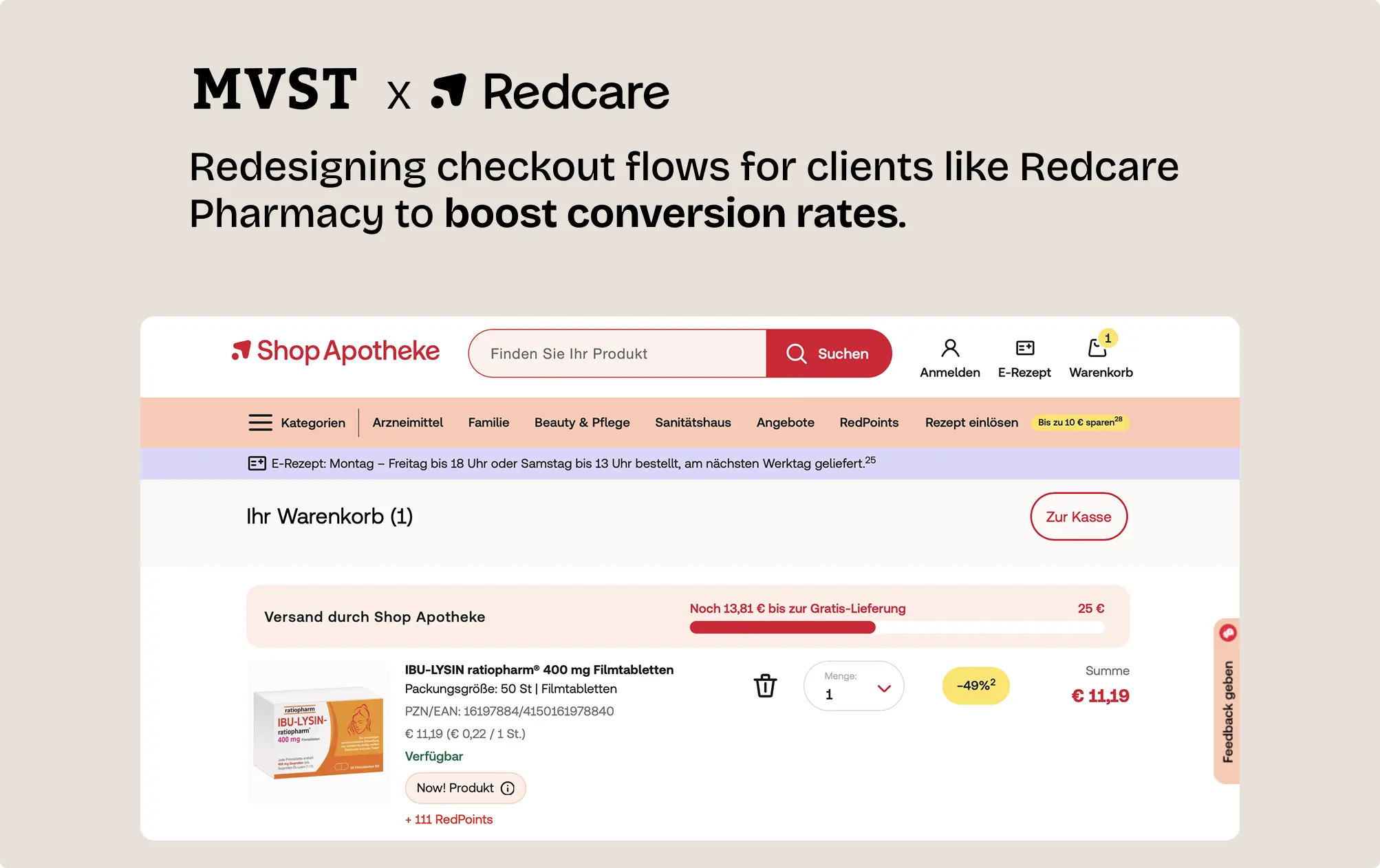 Redesigning checkout flows for clients like redcare phramacy to boost conversion rates