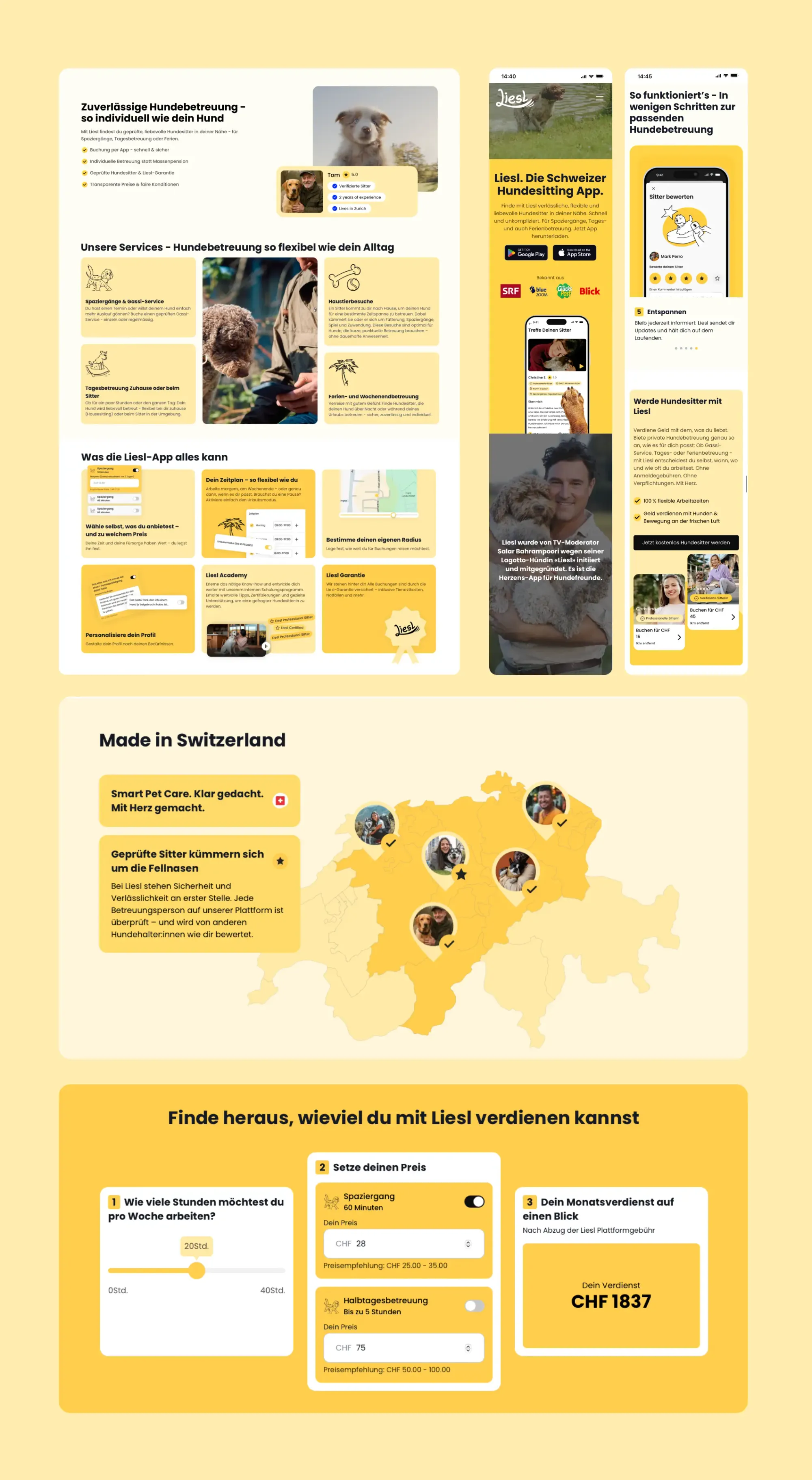 Screens from the website showing how much sitters are going to earn, the locations to find sitters, benefits and offers of Liesl