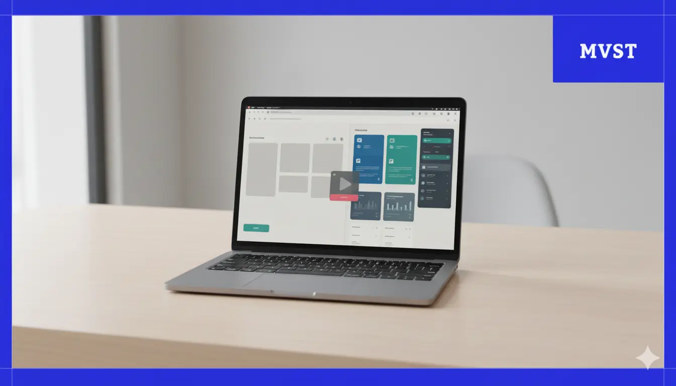 Laptop screen with the left side having a simple MVP interface with few UI elements and basic structure and the Right side, a more complete, polished digital product interface with richer UI.