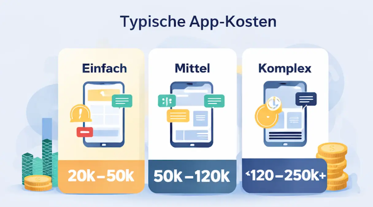 Typische app-kosten: einfach 20k-50k , mittel 50k-120k, komplex <120-250k+