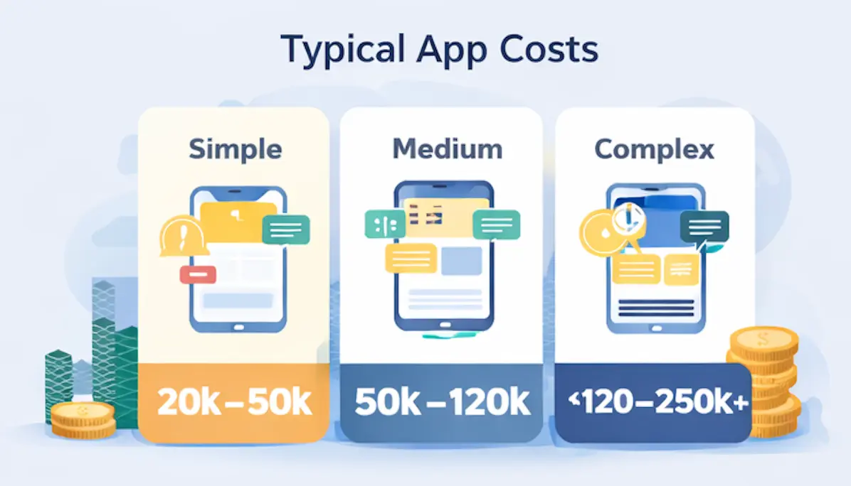 Typical App Costs - Simple: 20K-50K , Medium: 50K-120K, Complex: 120K-250K+