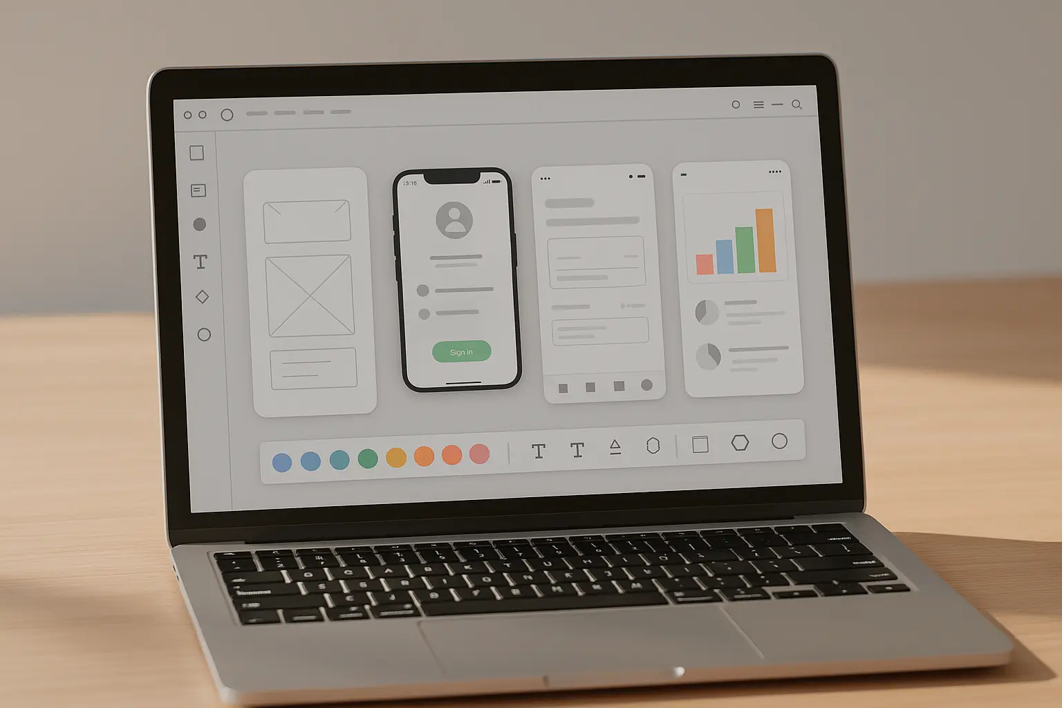 Screen of laptop showing design of a mobile app