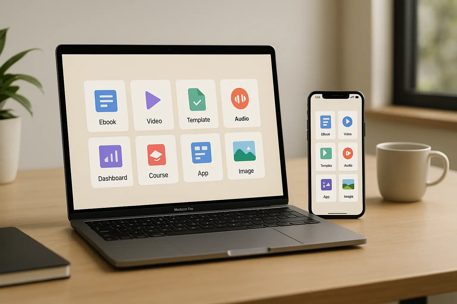 laptop and mobile screens showing apps of ebooks, videos, templates, audio, dashboard, course, app, image