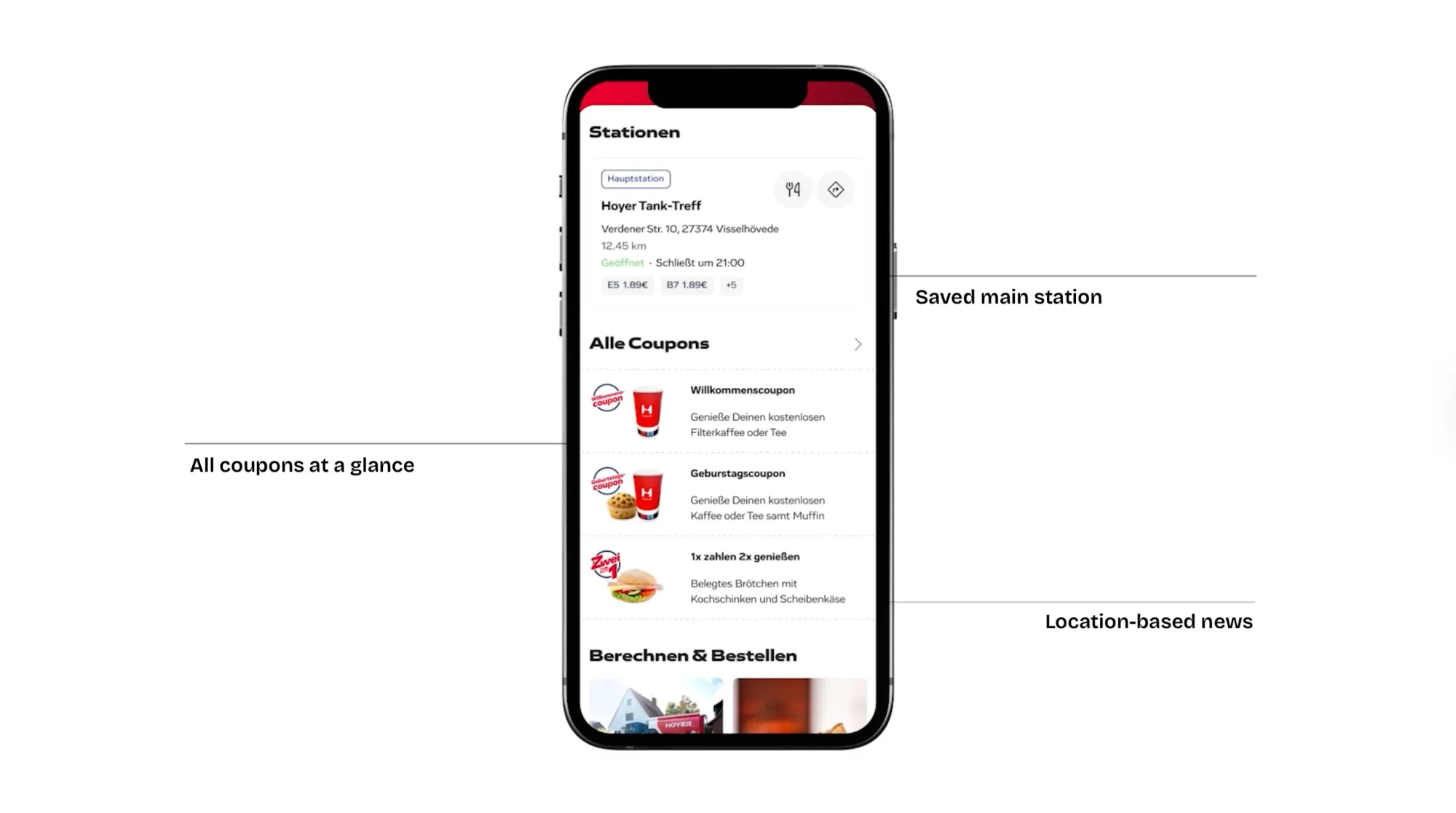 app screen showing all coupons at a glance, saved main station, location-based news