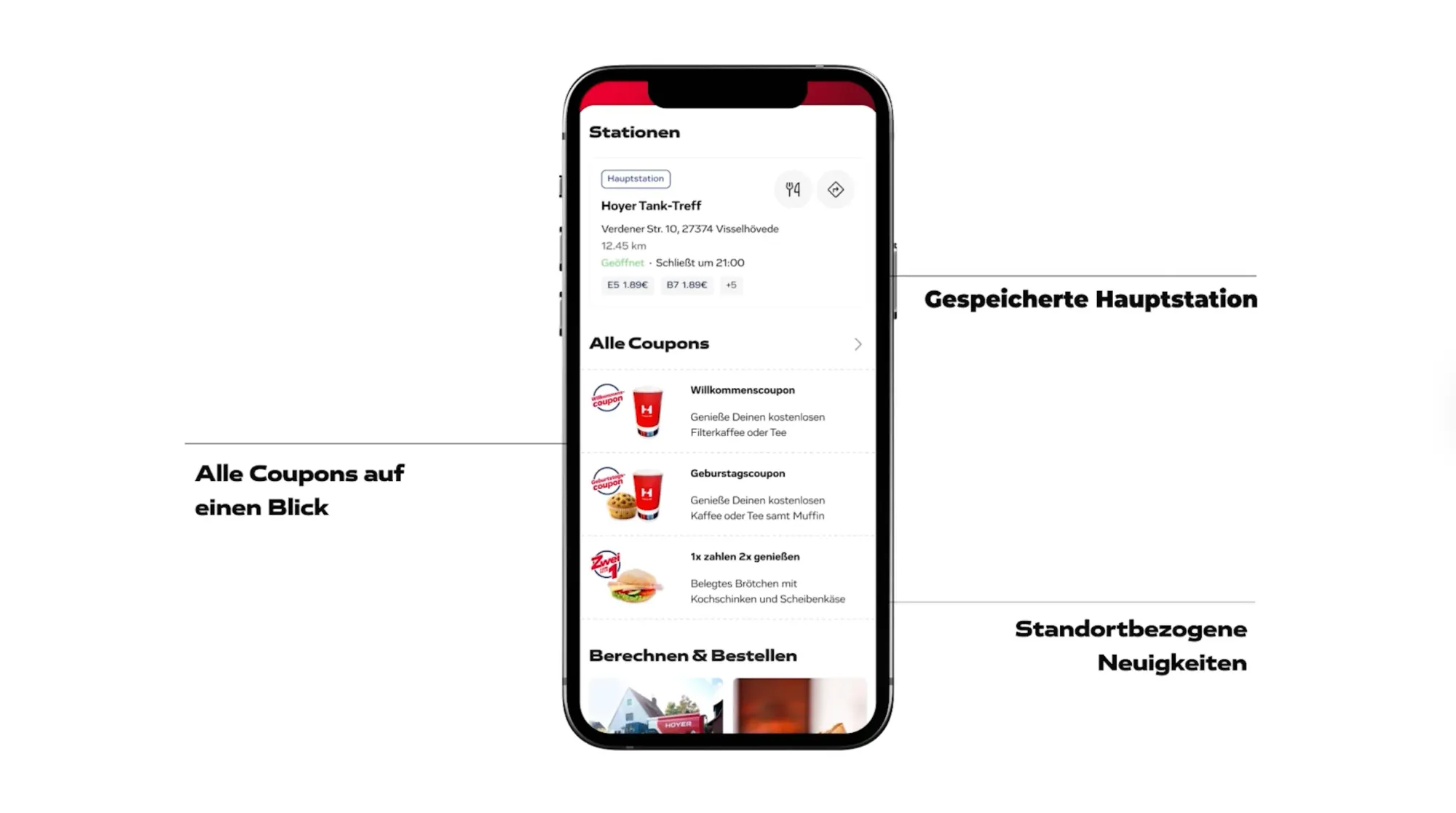 app screen showing all coupons at a glance, saved main station, location-based news