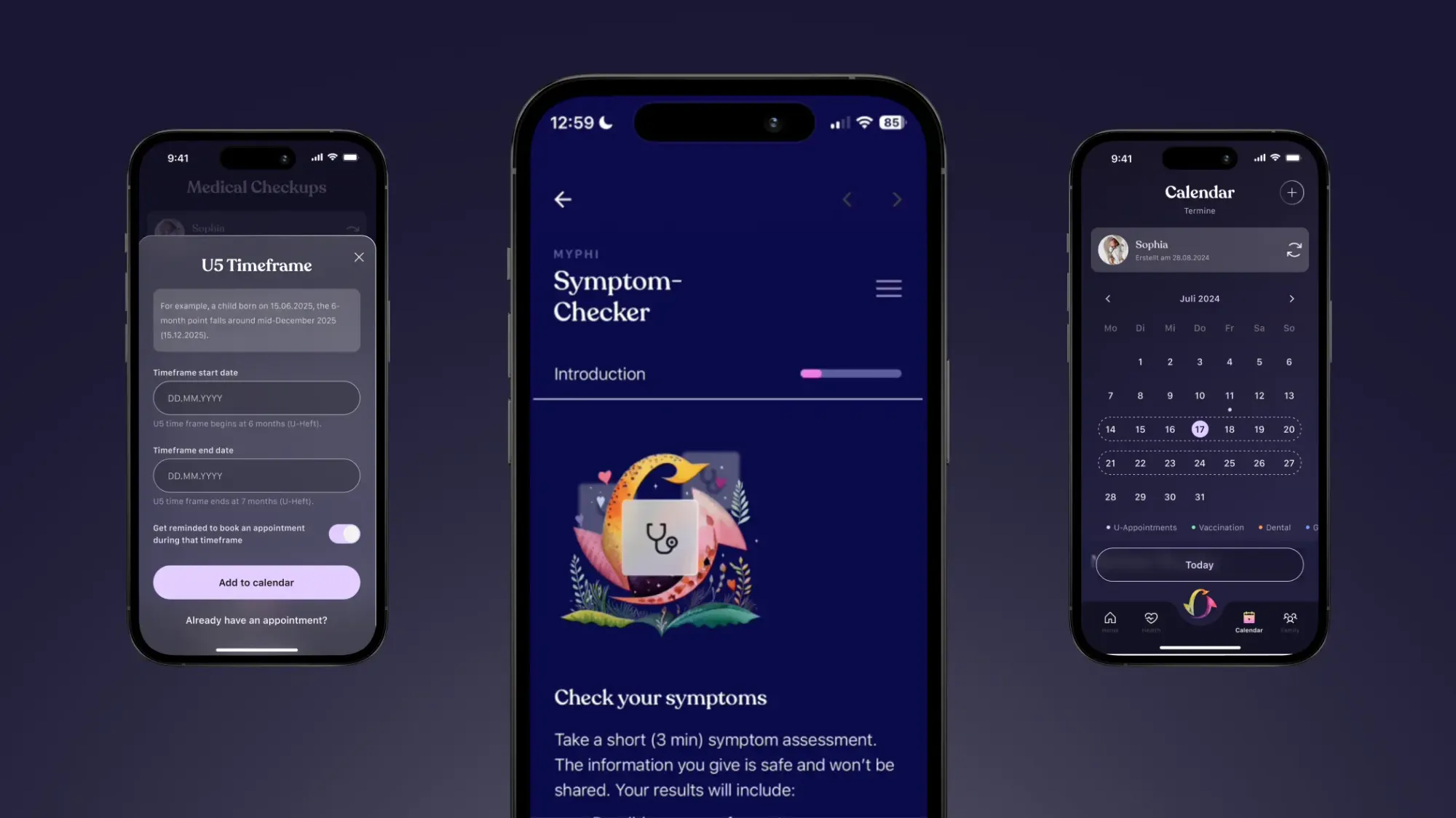 screens of the MyPhi App proposing solutions to parents