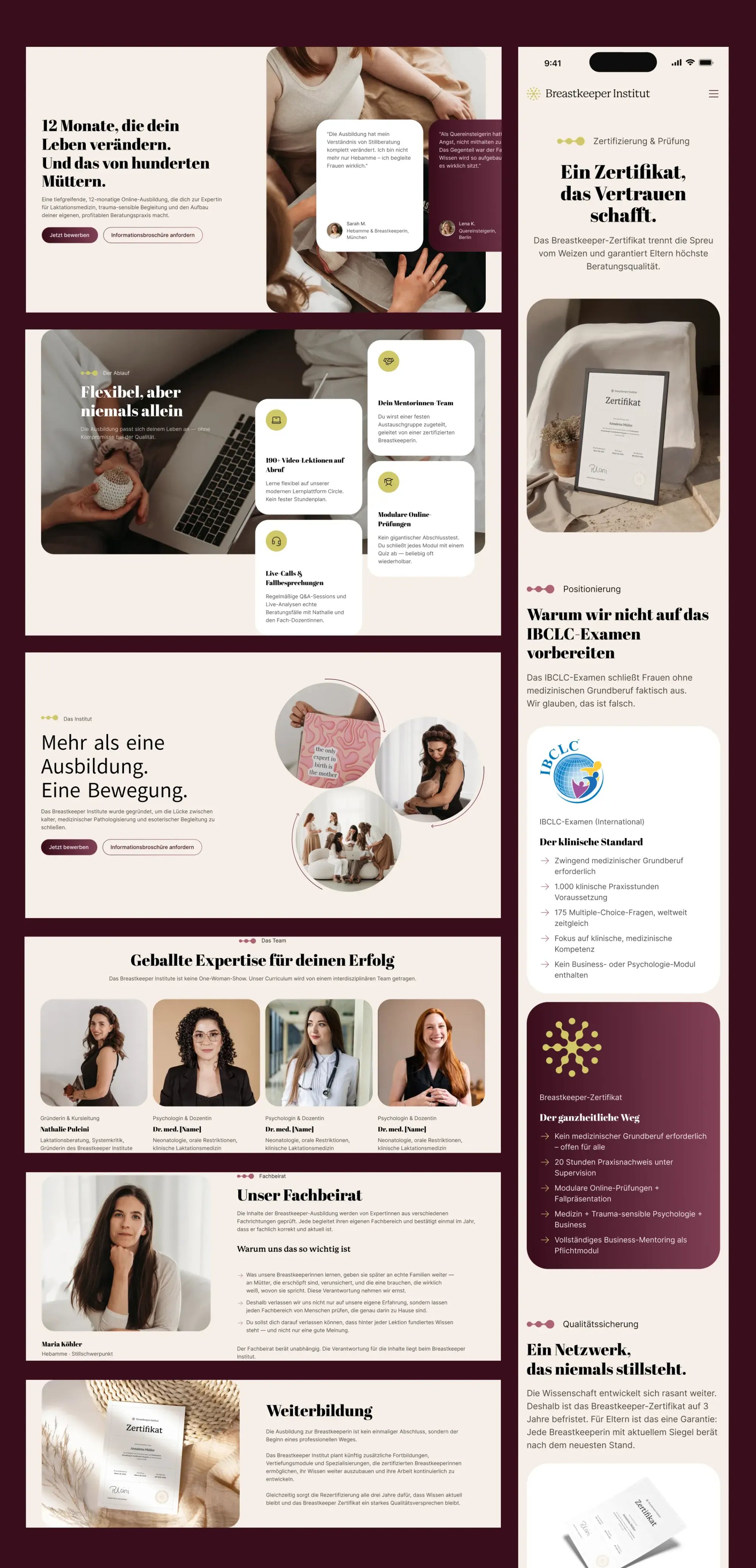 Screens from Die Ausbildung, Das Institut and Zertifizierung