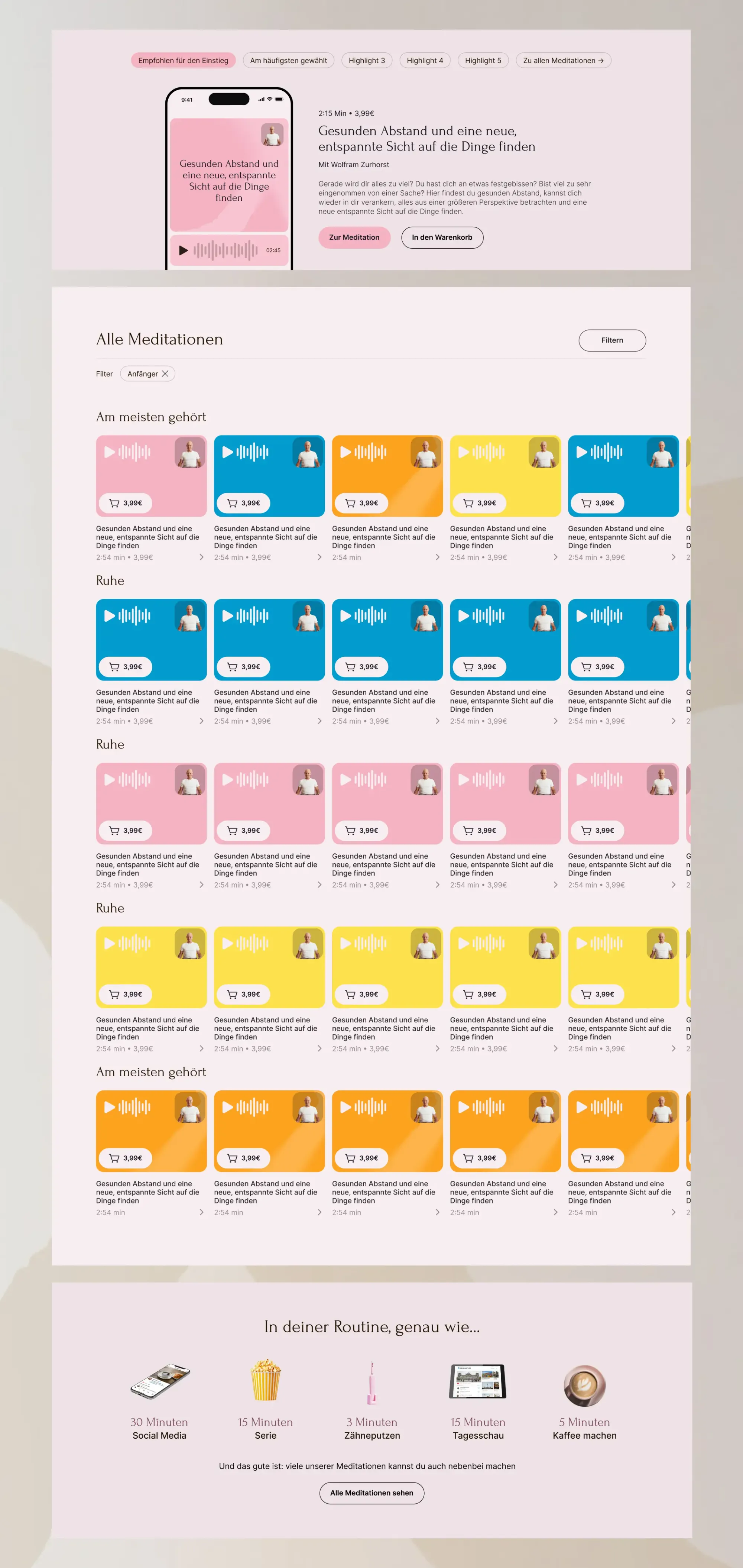 Screens of the different meditation courses and prices, the routine packages, etc.