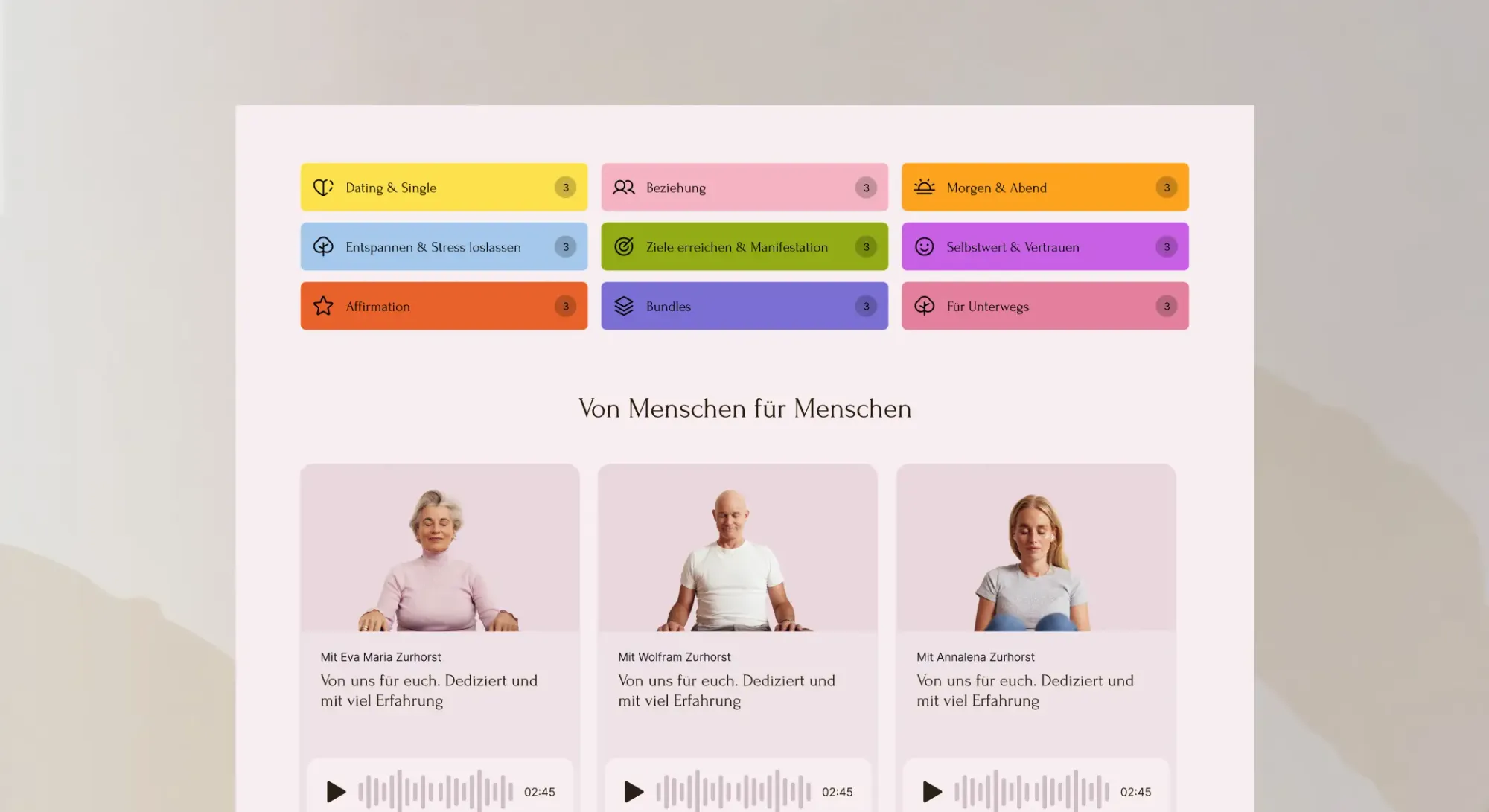 Screen of the different types of meditation and the instructors