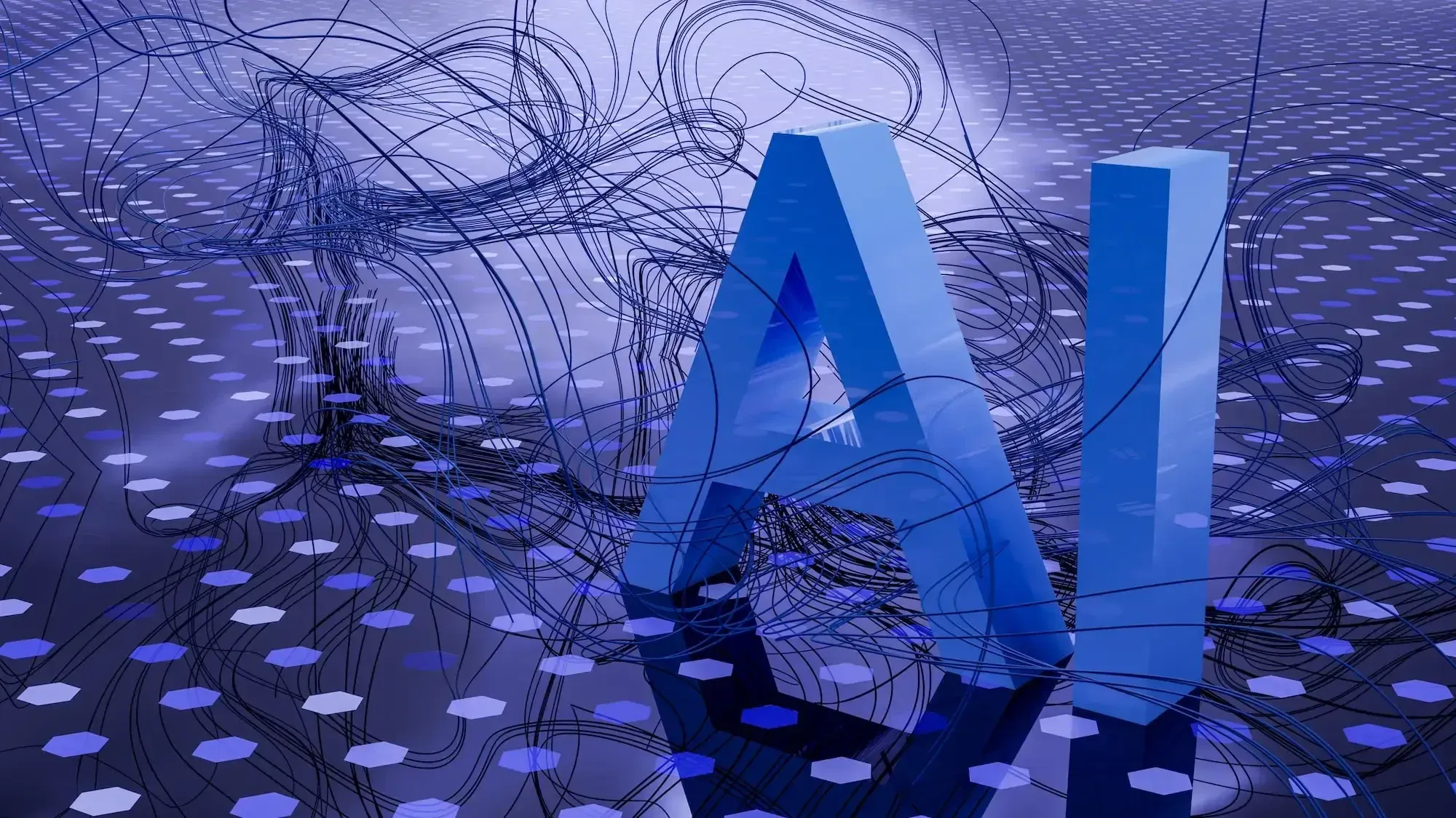 "AI" in blauen 3D Buchstaben auf lila-blauem Hintergrund mit verspielten Linien umrahmt.