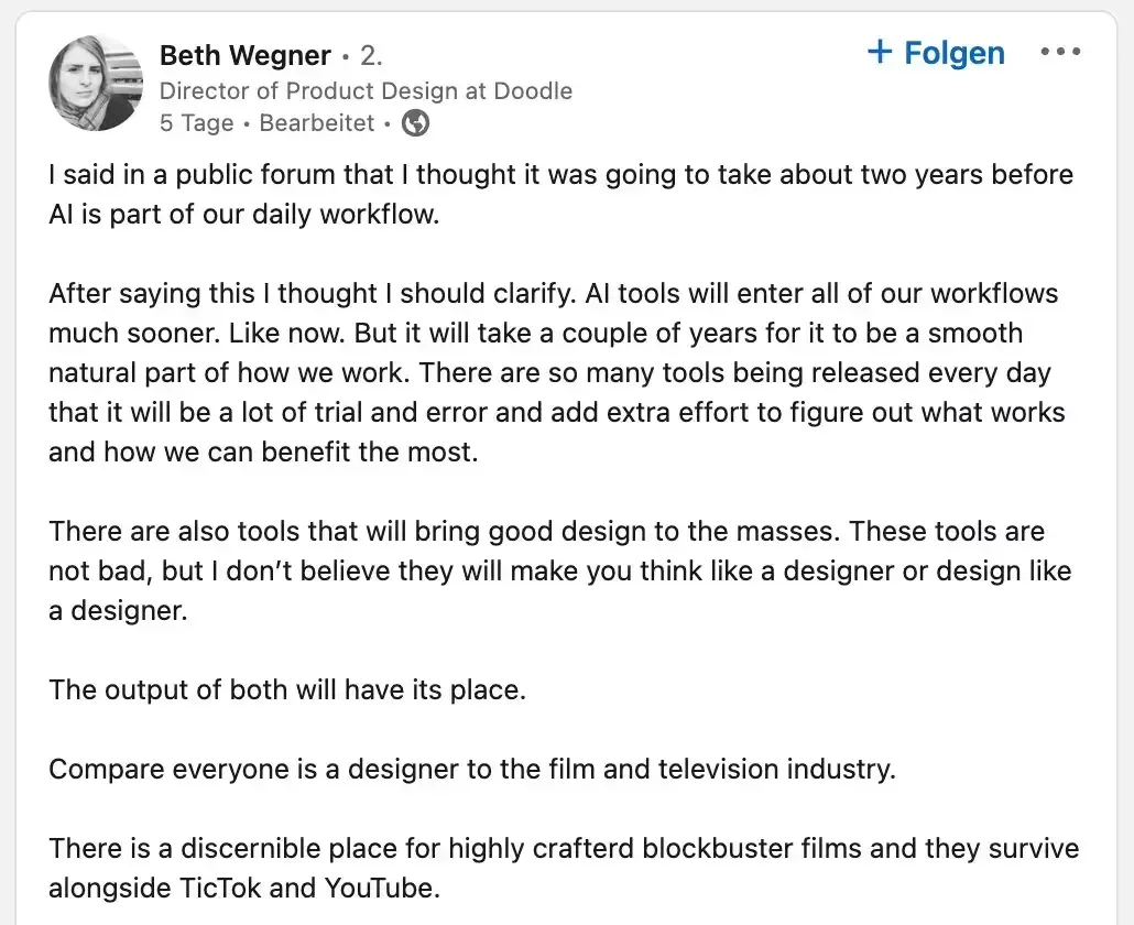 LinkedIn-Screenshot über KI in der Designbranche mit einem kleinen Bild einer Frau in der linken oberen Ecke.