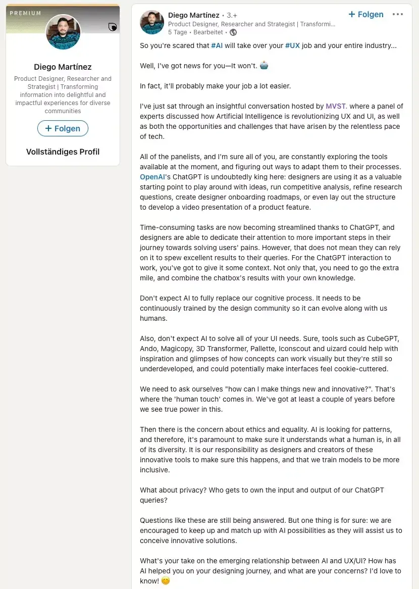 LinkedIn-Screenshot über KI in der Designbranche mit einem kleinen Bild eines Mannes in der linken oberen Ecke.