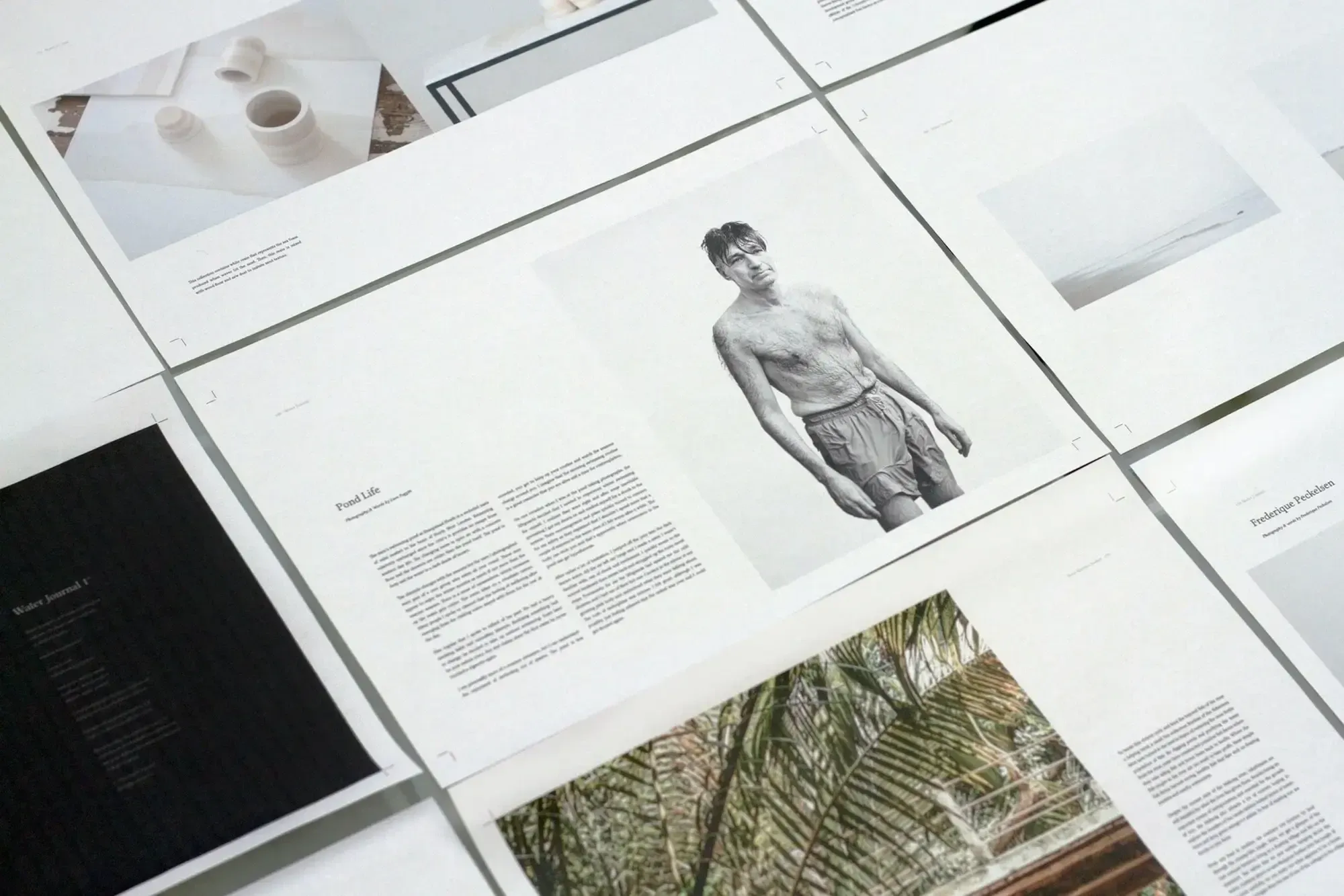 Mehrere Magazinseiten liegen aufgeklappt da, weiße Hintergründe, Textblöcke und Fotos von Pflanzen, einem älteren Mann in Badehose und Möbeln zu sehen.