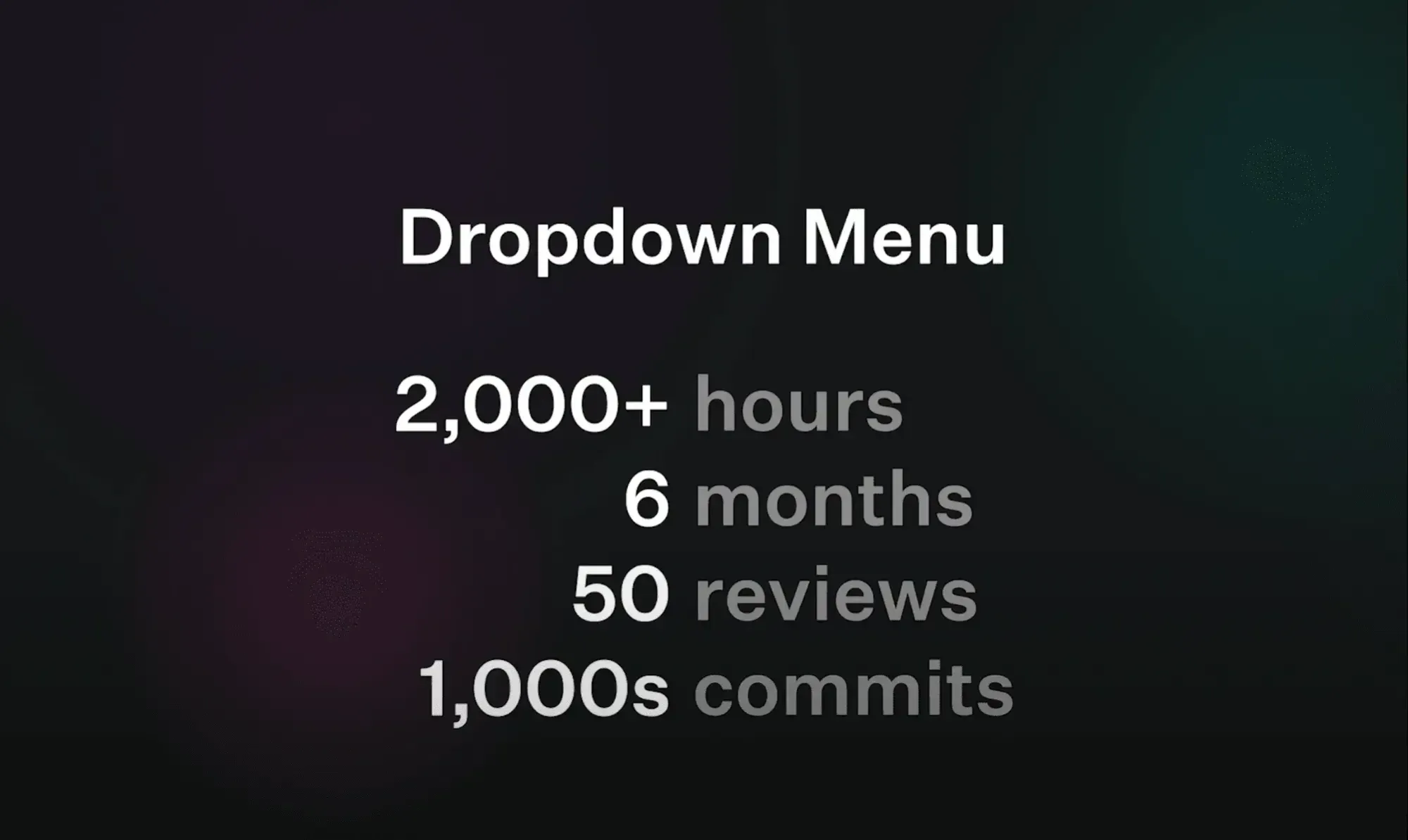 Schwarzes Rechteck mit weißer und grüner Schrift, darauf steht: "Dropdown Menu 2,000+ hours, 6 months, 50 reviews, 1,000s commits"
