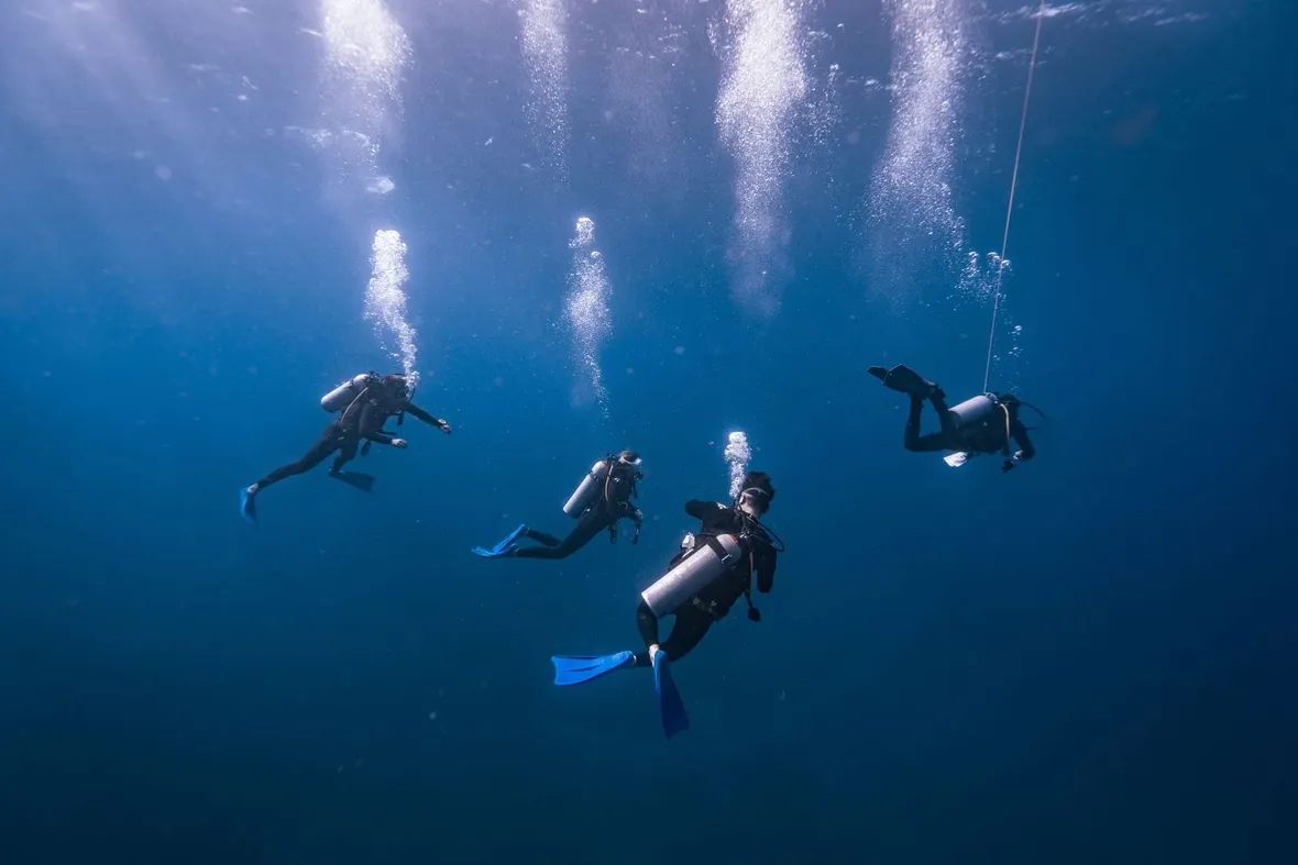 Four scuba divers in dark wetsuits suspended in deep blue water beside a descent line, the dives a PADI or BSAC logbook records.