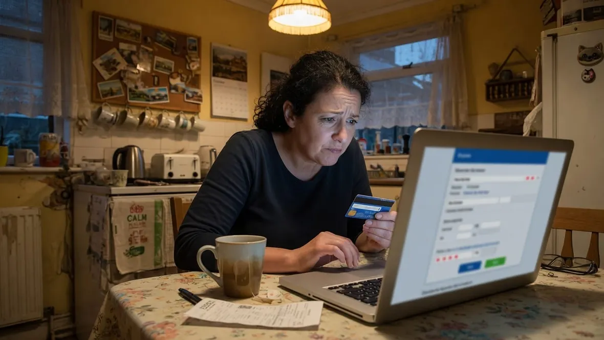 A woman at a kitchen table holding a bank card and looking doubtfully at a payment form on a laptop