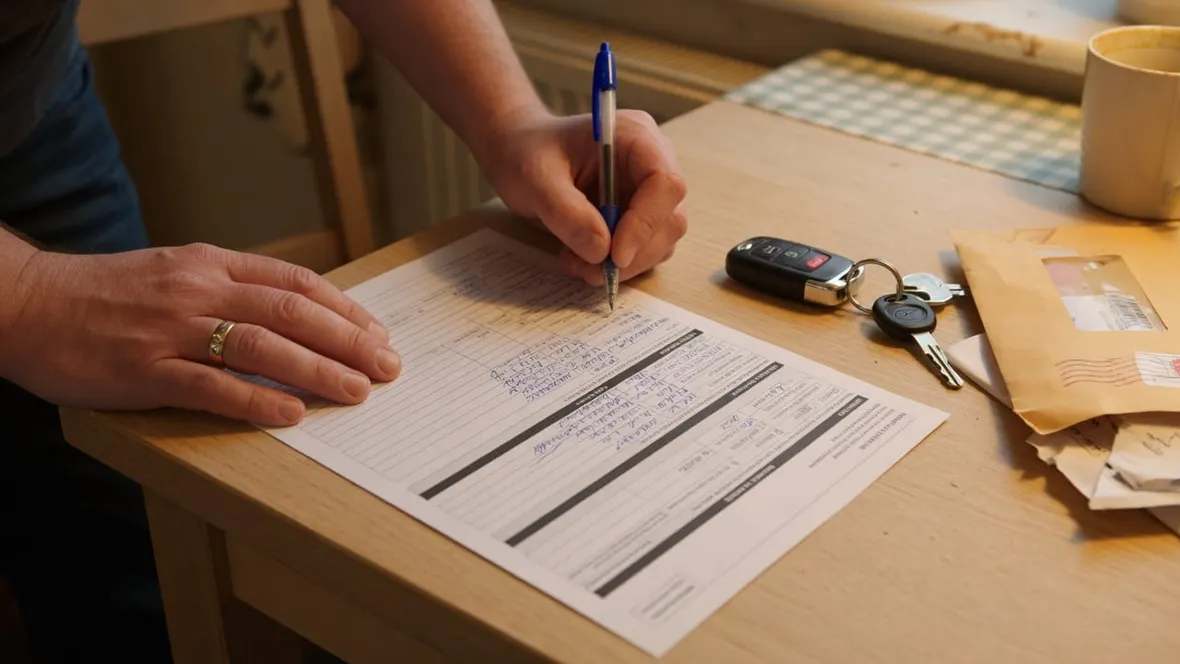 Hands filling in an official vehicle document at a kitchen table with car keys and an envelope nearby
