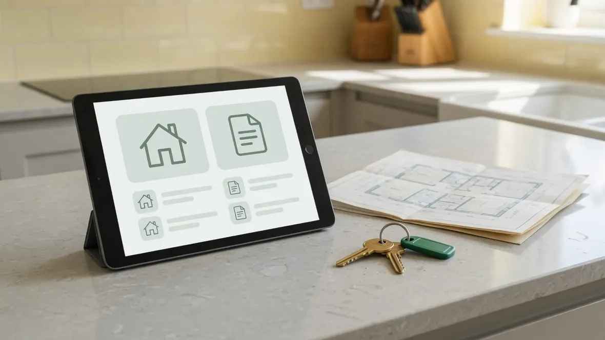 A tablet on a kitchen worktop showing a simple digital home records app beside house keys and a floor plan