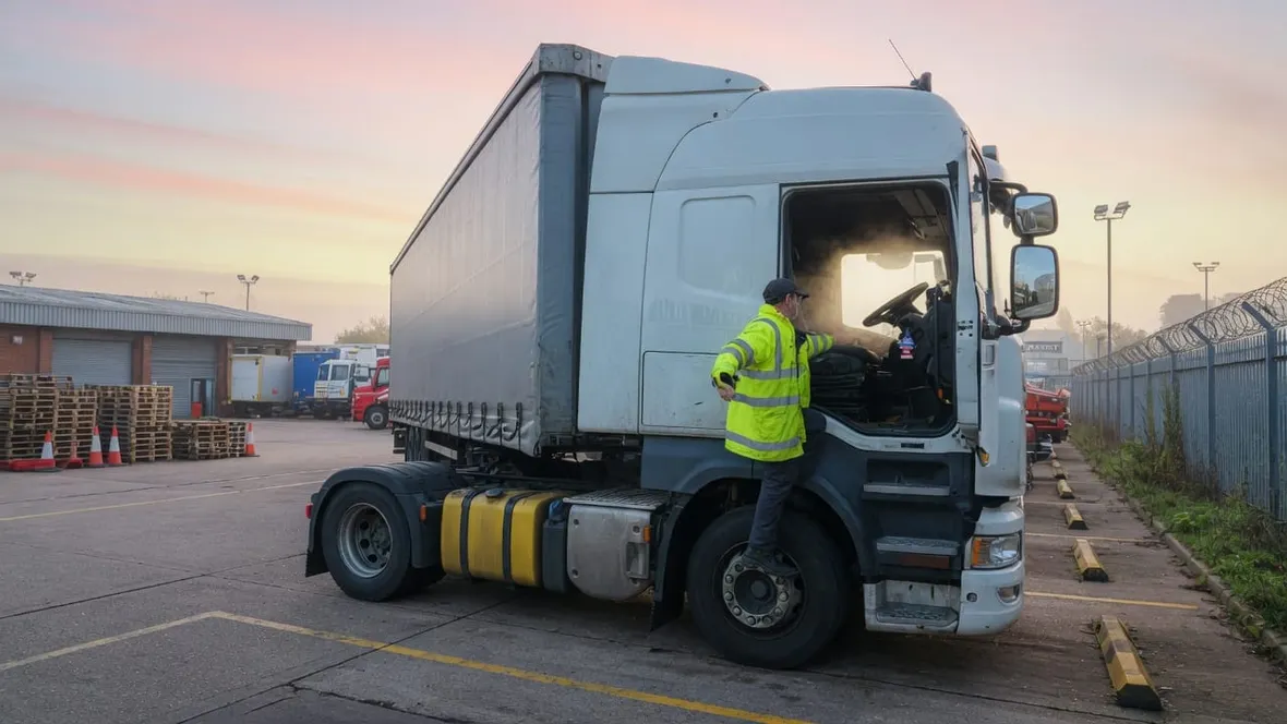 A driver in hi vis climbing into the cab of an articulated lorry at a British depot