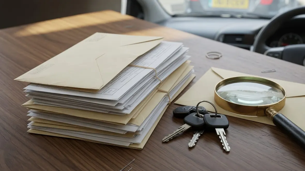 A stack of official vehicle documents in envelopes with car keys and a magnifying glass