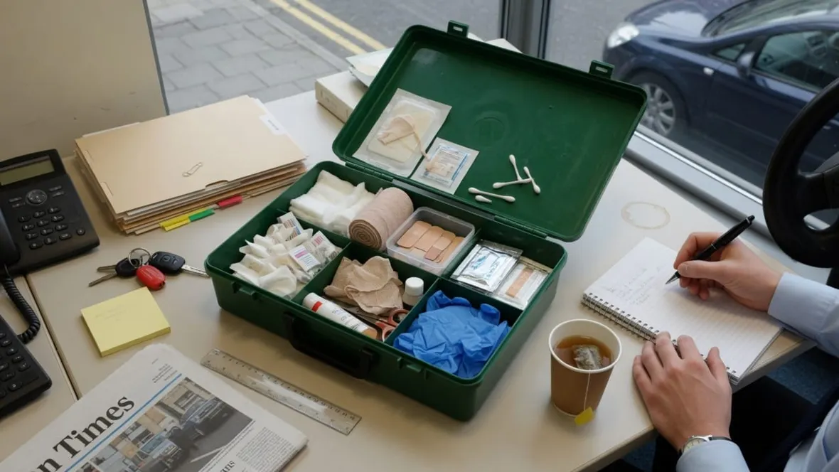 An open green first aid kit on an office table with a person writing an assessment beside it