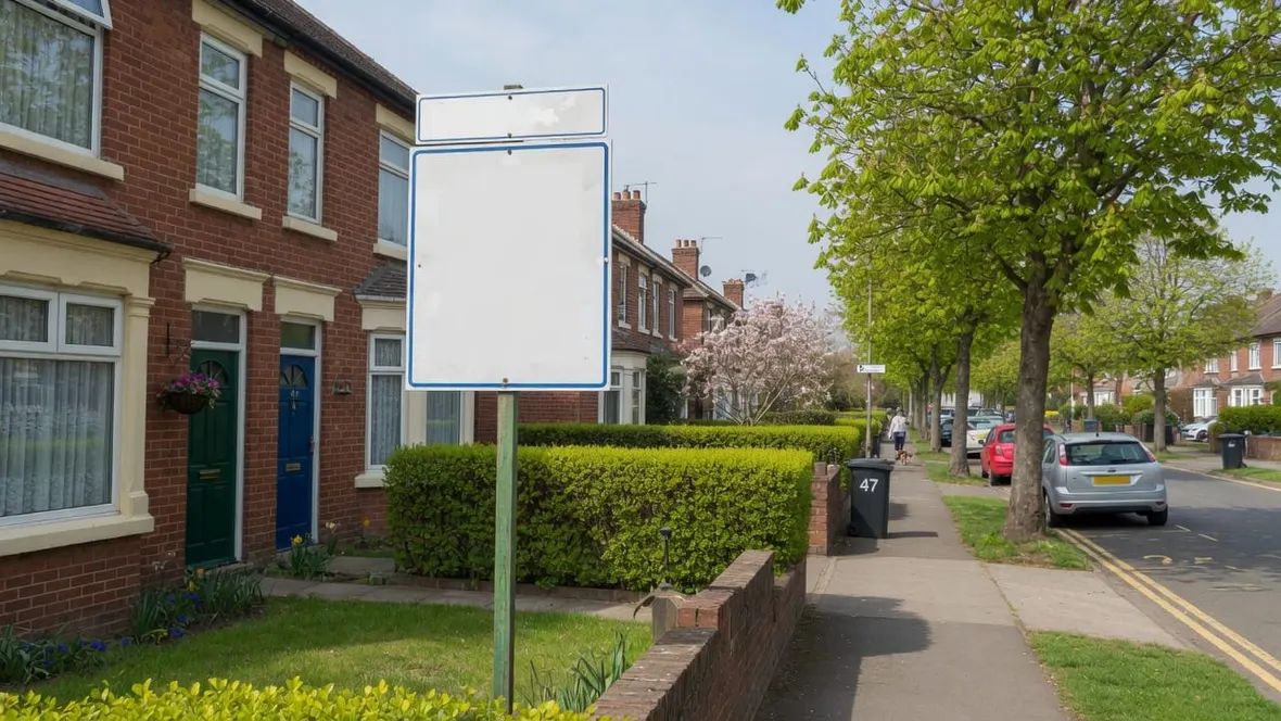 A blank for sale board outside a British semi detached house on a leafy street