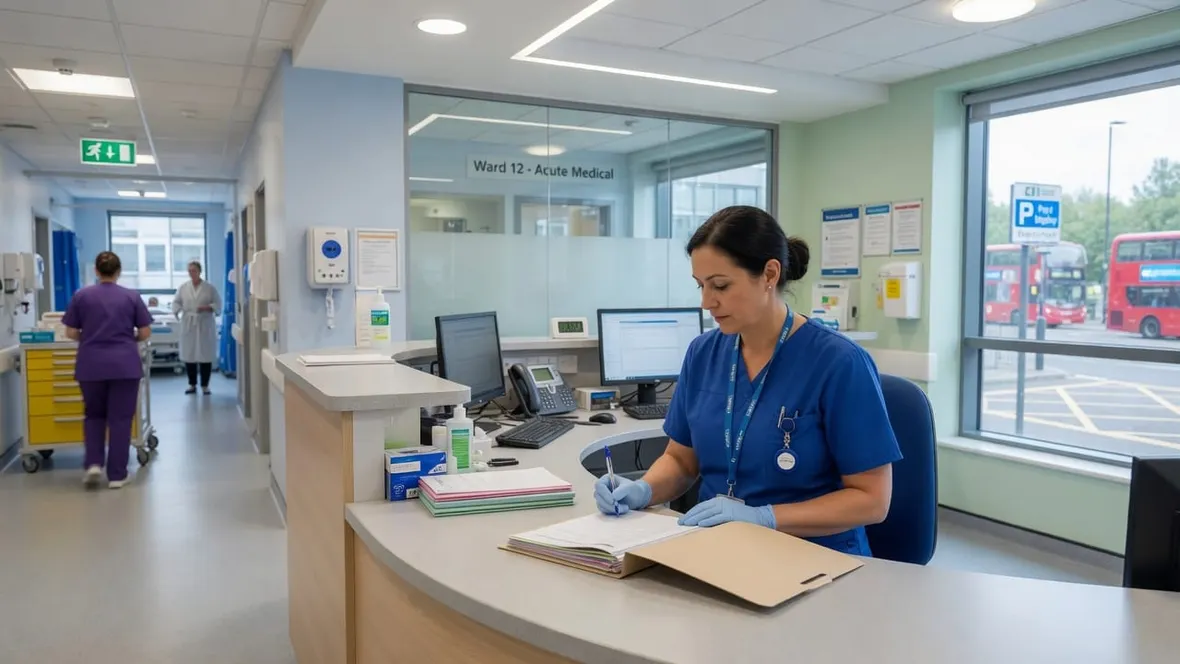 A nurse in blue scrubs writing in a portfolio folder at a ward station in a modern UK hospital