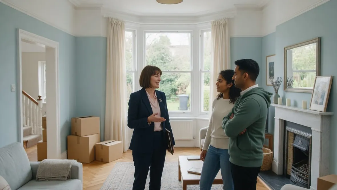 An estate agent showing a couple around the living room of a UK home