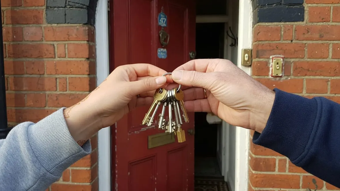 A landlord handing a bunch of house keys to a tenant at the door of a brick terraced house