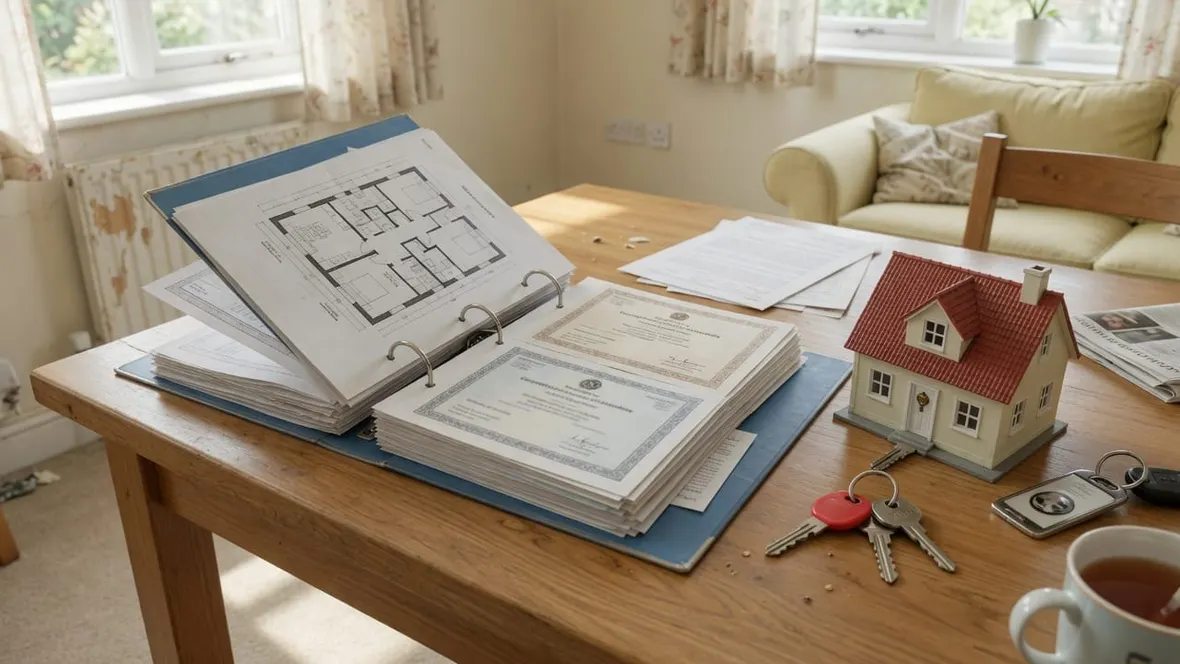 A ring binder of home documents and floor plans open on a table beside a model house and keys