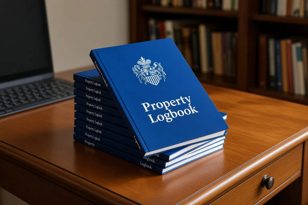 A stack of blue hardback Property Logbook volumes on a wooden desk beside a laptop
