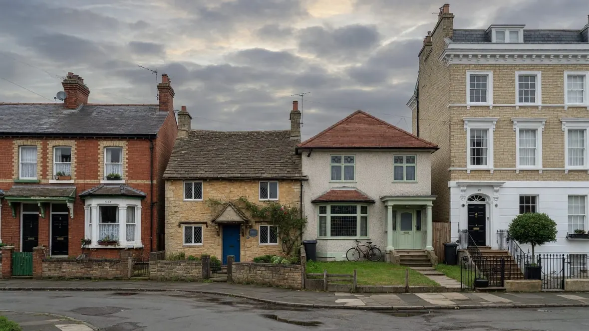 A street of British houses in varied regional styles, from brick terrace to stone cottage and Georgian townhouse