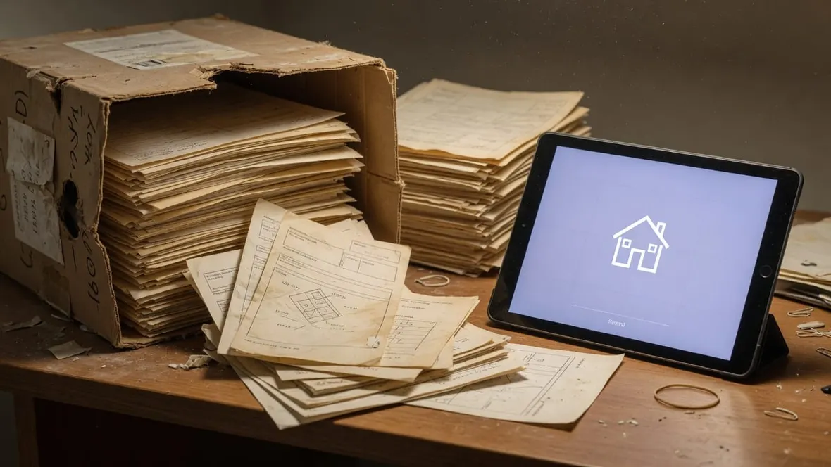 A box of old paper property documents beside a modern tablet showing a digital home record