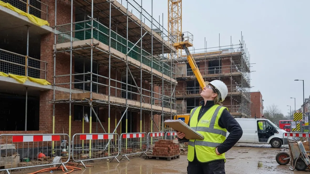 A site manager in hard hat and hi vis inspecting scaffolding with a clipboard on a UK construction site