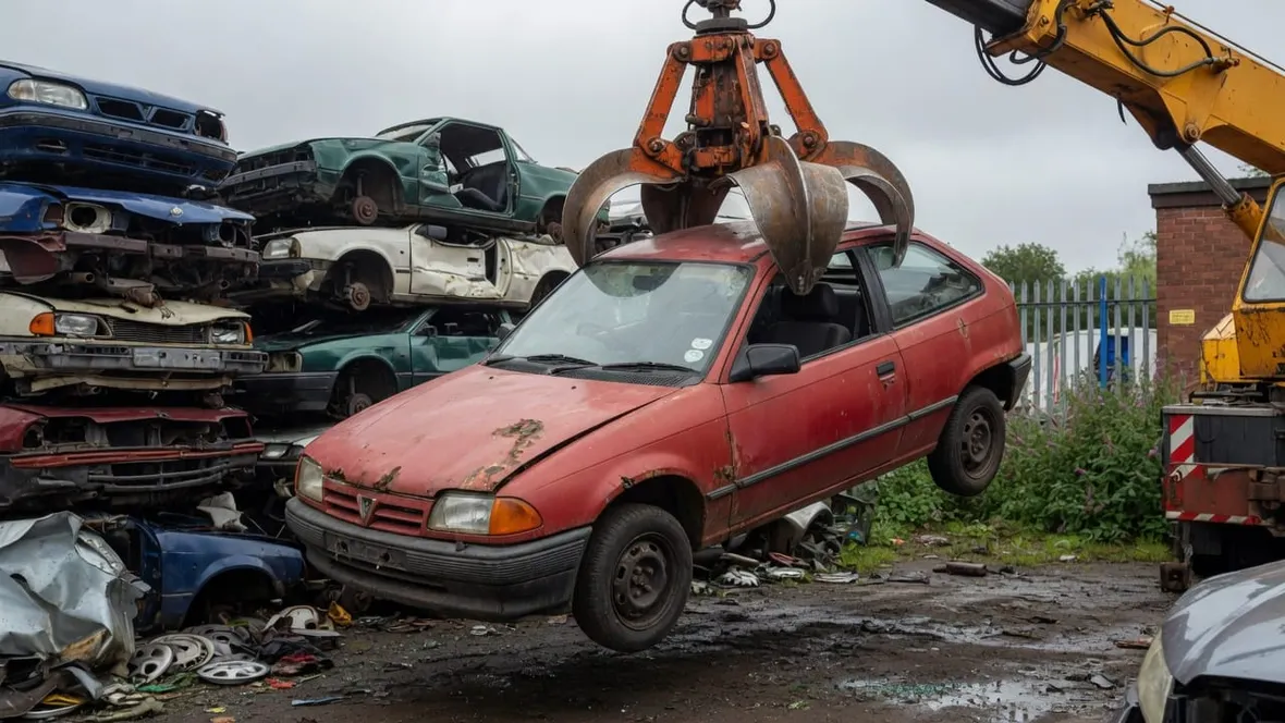 A crane grab lifting an old red hatchback in a British scrapyard with crushed cars behind