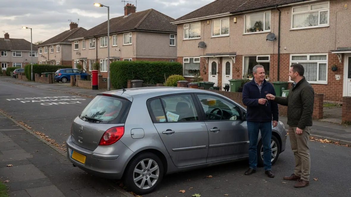 A seller handing keys to a buyer beside a silver hatchback on a UK residential street