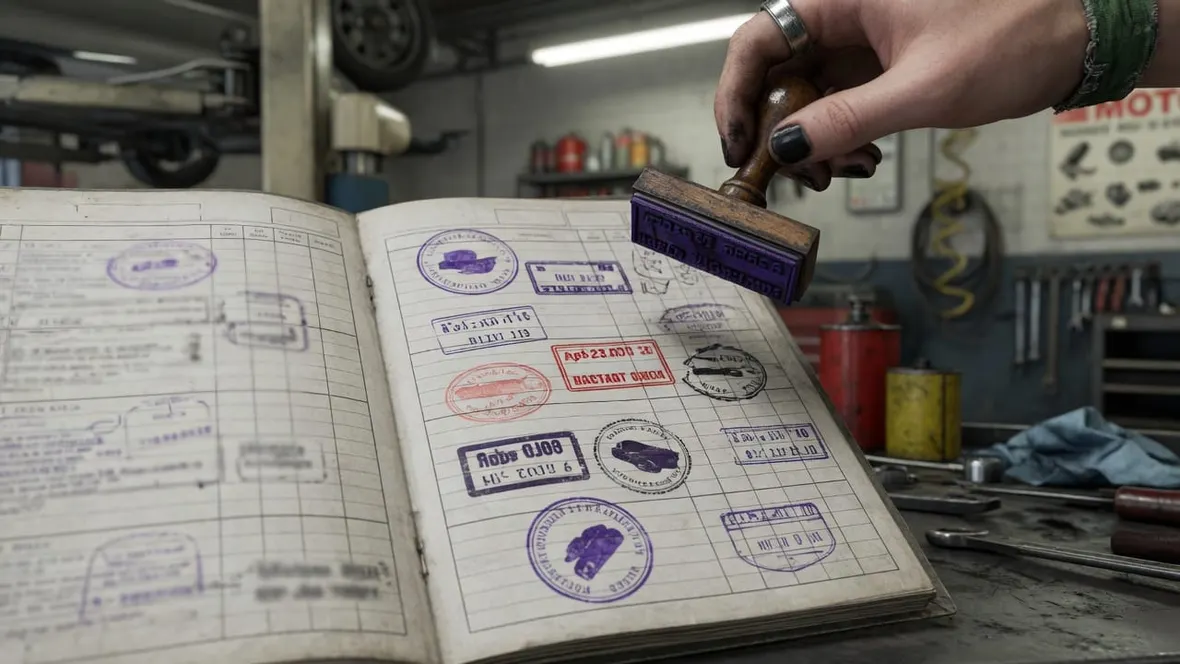 A hand stamping an open car service history booklet filled with dealer stamps in a workshop