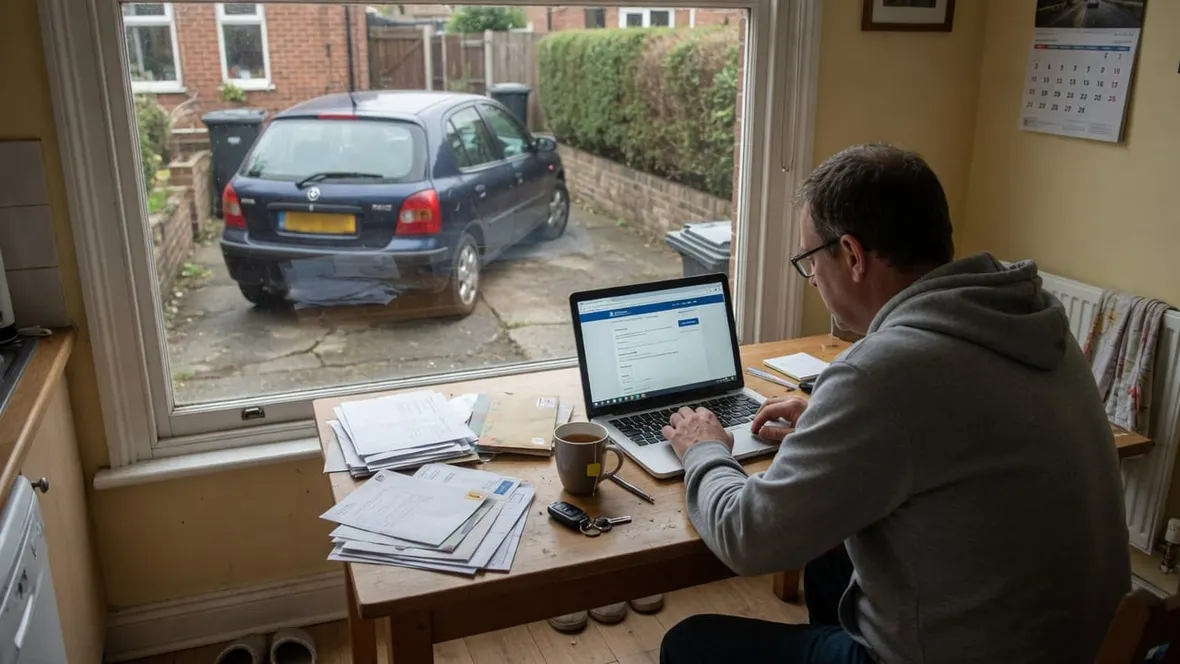 A person taxing their car online at a kitchen table laptop with their car visible on the driveway outside