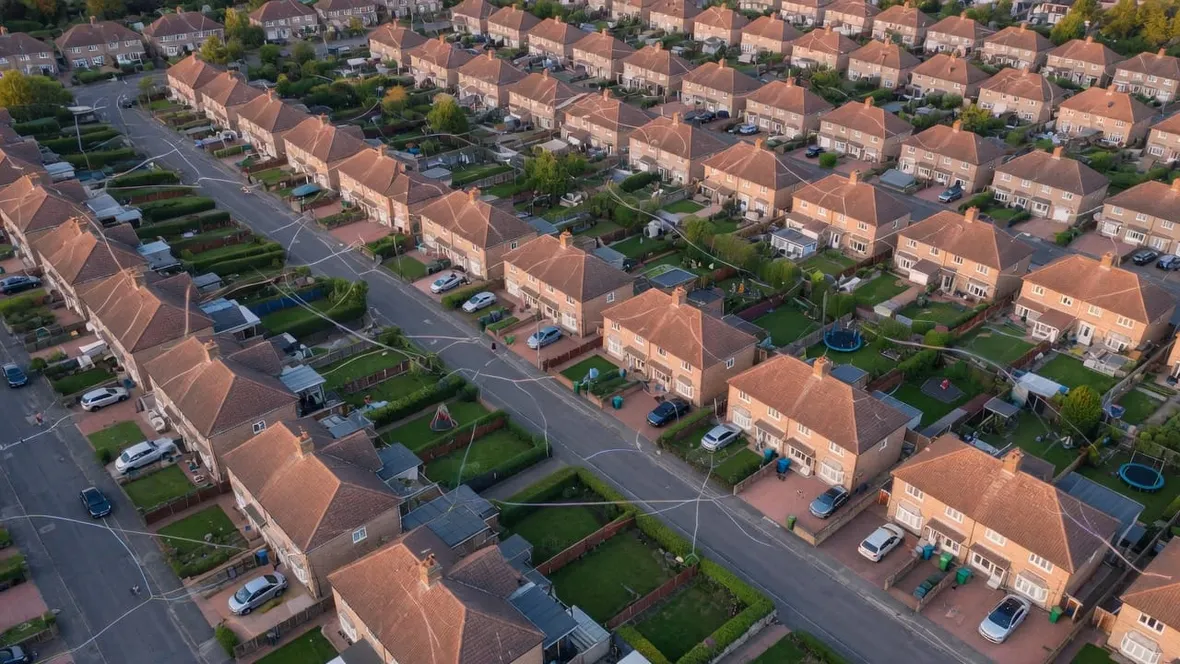 Aerial view of a UK suburban neighbourhood at golden hour with faint lines linking the rooftops