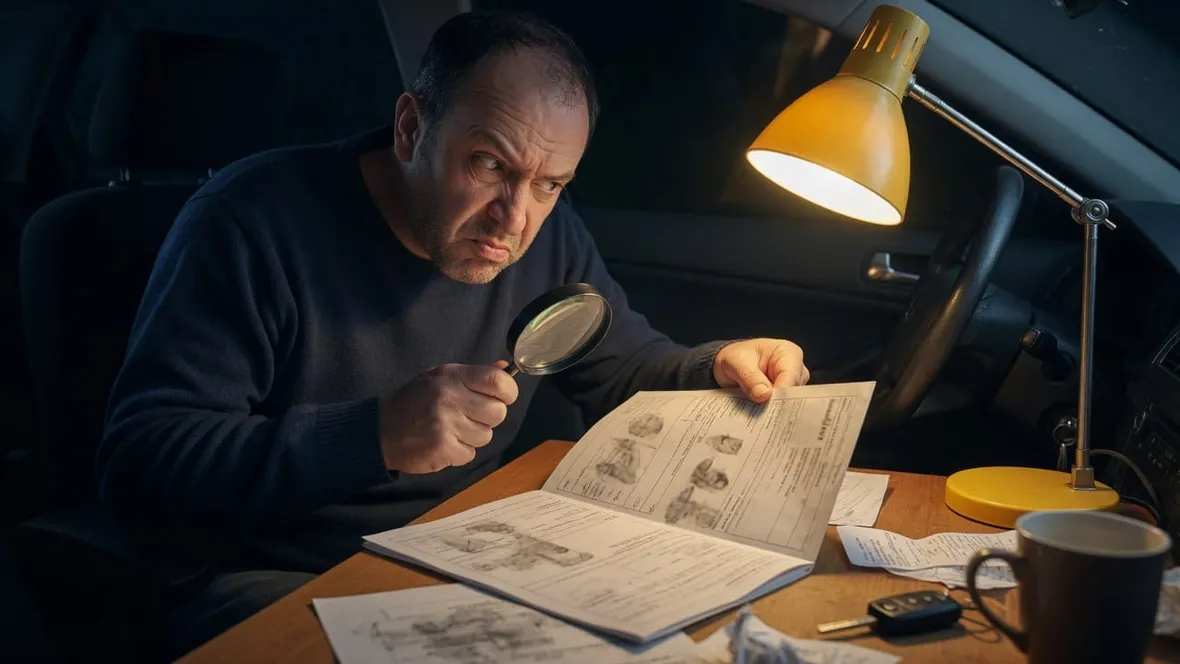 A man inspecting a vehicle document under a desk lamp with a magnifying glass