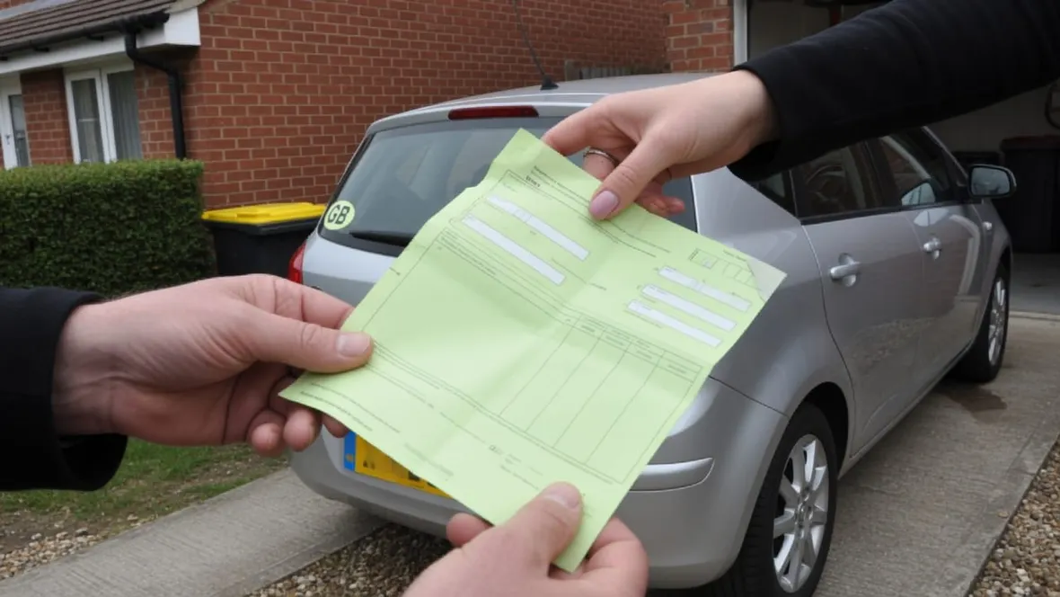 A green new keeper slip being handed from seller to buyer beside a silver car on a UK driveway