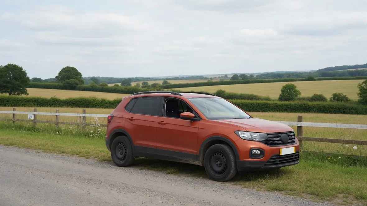 A terracotta Dacia style SUV parked at a countryside layby in Britain