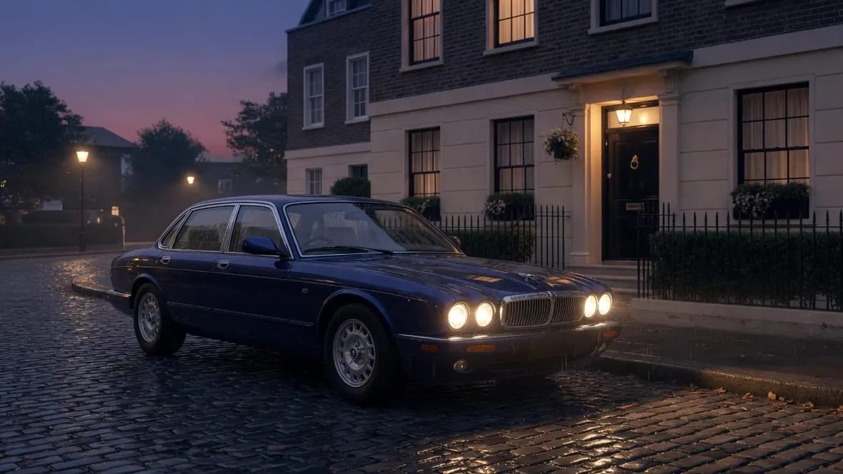 A dark blue Jaguar saloon parked on a wet cobbled street outside a British townhouse at dusk