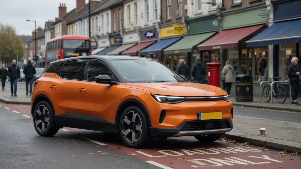 An orange MG style electric crossover parked on a UK high street