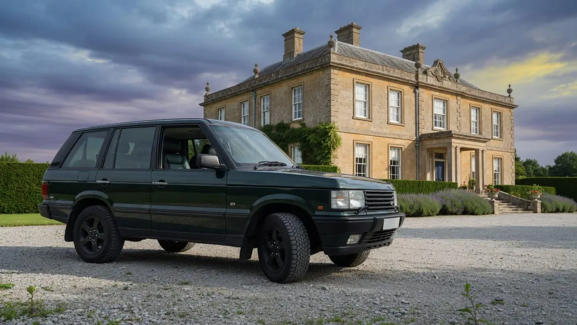 A dark green Range Rover parked on a gravel drive in front of an English country house