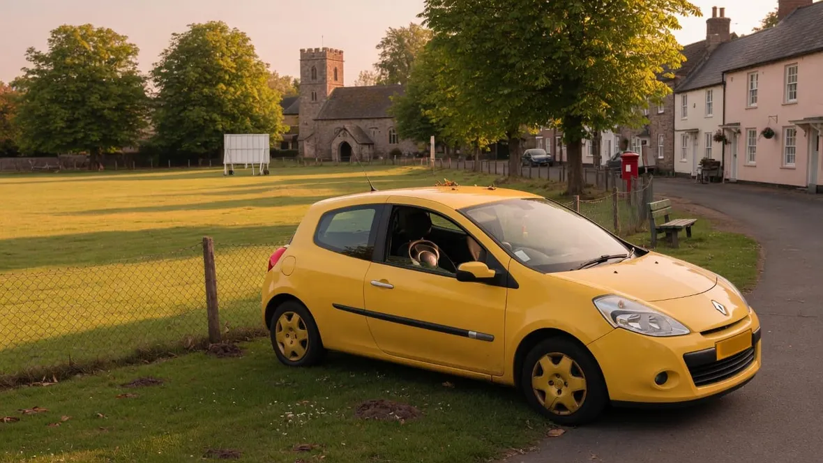 A yellow Renault style hatchback parked beside a British village green