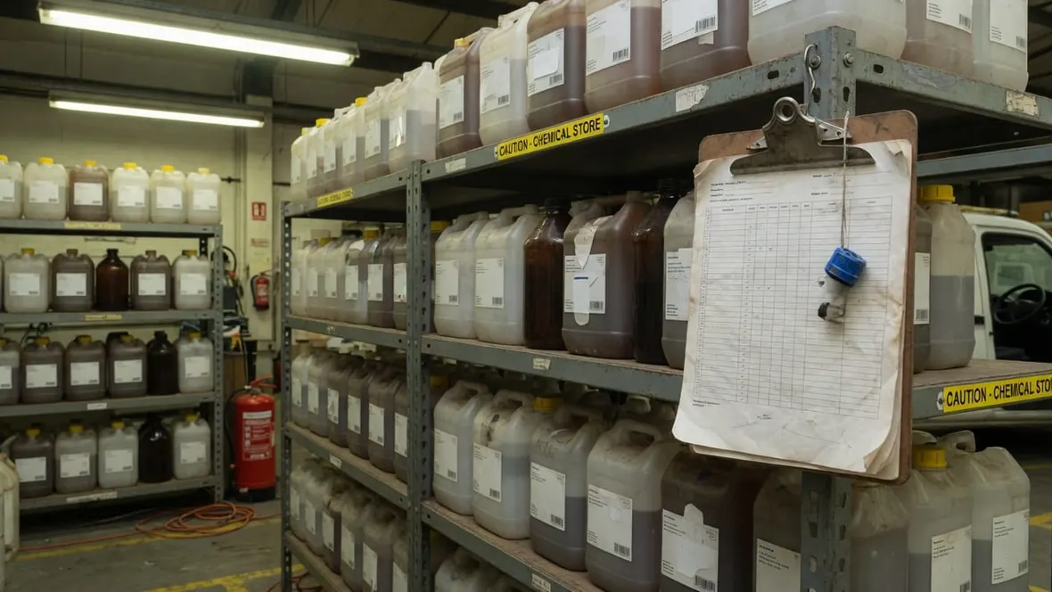 Labelled chemical containers on industrial shelving with a clipboard register hanging beside them
